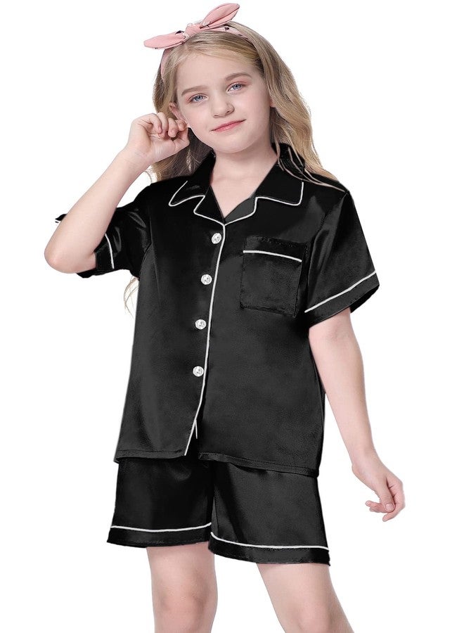 Schbbbta Kids Satin Pajamas, 2 Pcs Sleepwear Short Sleeve Silk Satain Summer Pajama Set for Teen Girls and Boys, Dark Black, 9-10 Years = Tag 150 - Image 2